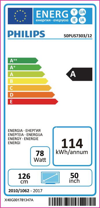 Etichetta energetica Philips 50pus7303/12 (50", LCD, 4K, 2018)