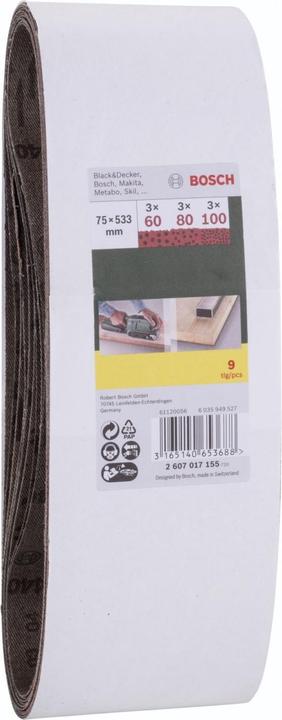 Produktbild Bosch Zubehör Schleifband-Set für Bandschleifer, 9-teilig, 75 x 533 mm, Körnung 60, 80, 100 (60, 80, 100)