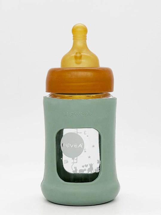 Actual product image Hevea Glass baby bottle with rubber cover / wide neck (150 ml) / Seafoam Blue (150 ml)