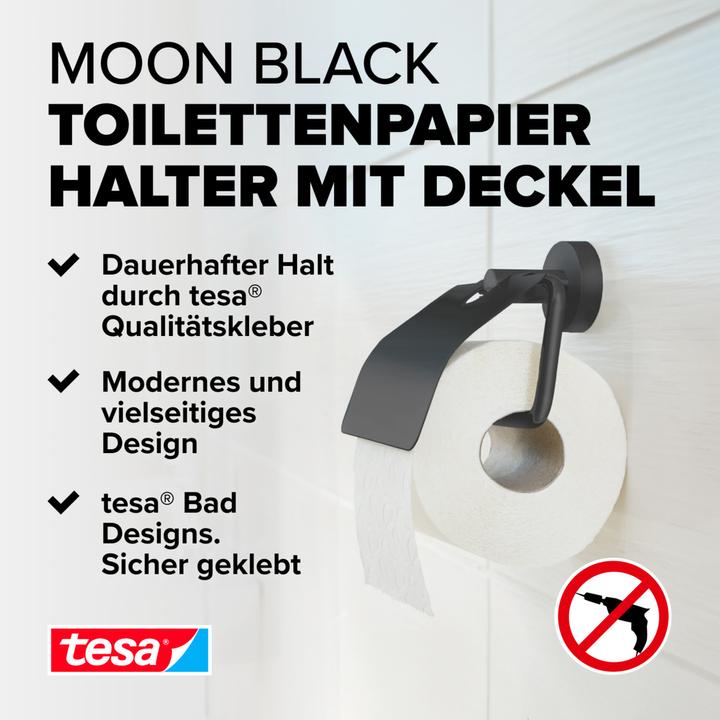 Produktbild tesa MOON BLACK Toilettenpapierhalter mit Deckel inkl. Klebelösung ohne Bohren