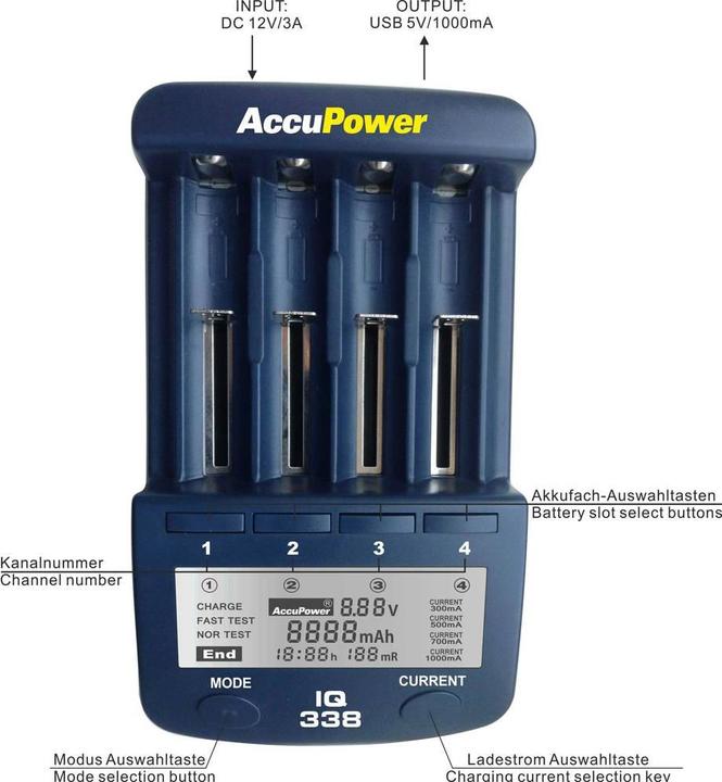 Produktbild AccuPower Rundzellen-Ladegerät NiCd, NiM (14500, 18650, AA, CR123A, Ladegerät inkl. Akku)