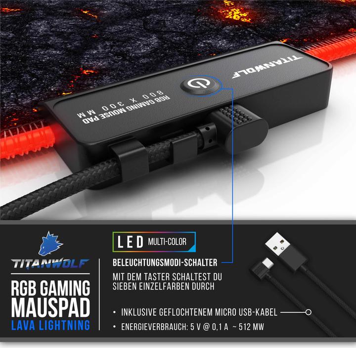Produktbild Titanwolf RGB Gaming Mauspad, Mausmatte XL 800 x 300mm verbessert Präzision & Geschwindigkeit, Lavamotiv