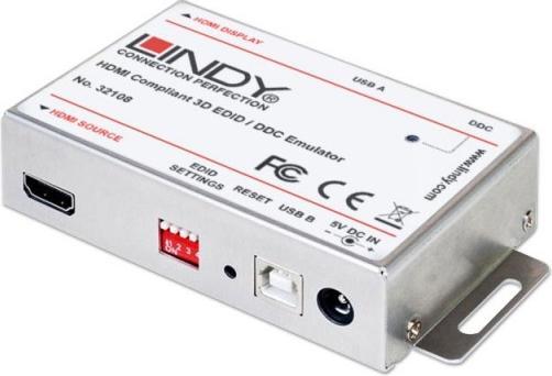 Actual product image Lindy EDID/DDC Emulator for HDMI. Clones and emulates DDC data, supports HDCP and 3D
