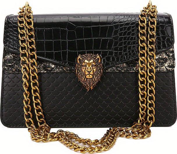 Only-Bags.Store Klassische Nischen-Design Mini Square Umhängetasche, All-Match Trendy Klappe Löwe Knopf Dekor Kette