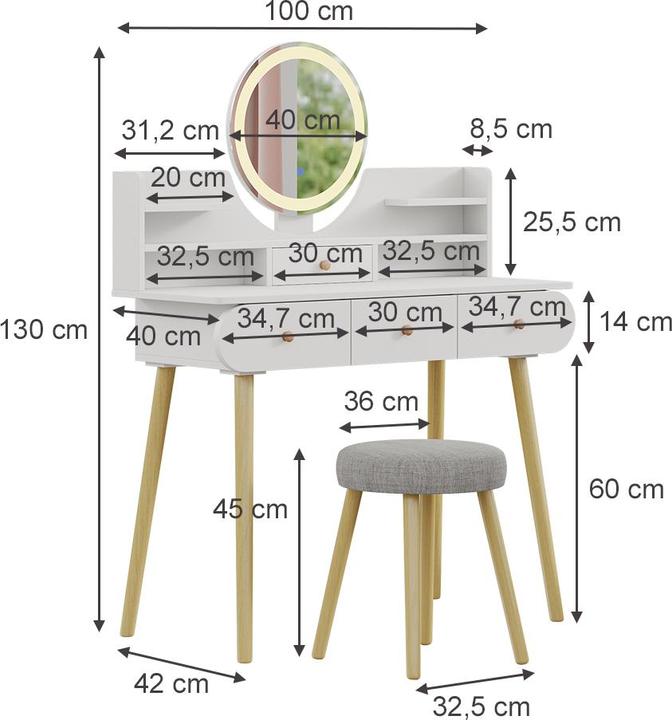 Actual product image Vicco Edda with stool and lighting (100 x 40 x 76 cm)