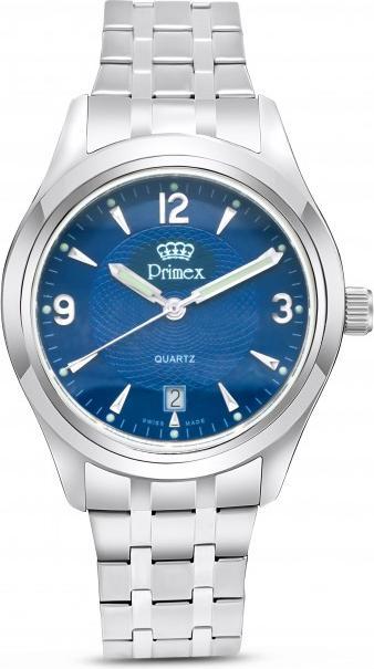 Primex Montre Swiss Made - Bracelet Metal Argente - Cadran Bleu - Etanche 50 M (210 mm)