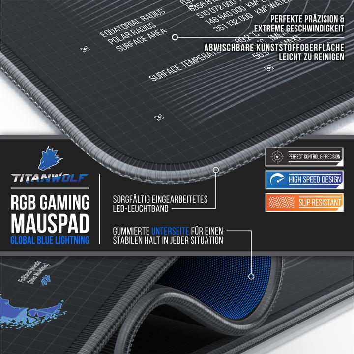Actual product image Titanwolf RGB gaming mouse pad, mouse mat 900 x 400 mm, improves precision & speed, world map blue