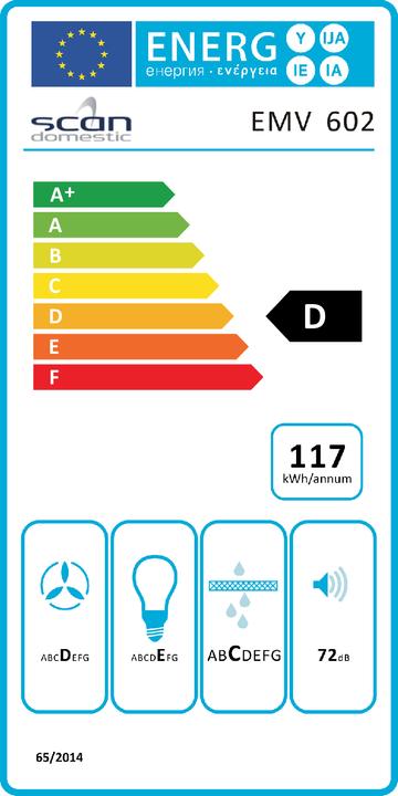 Etichetta energetica Scandomestic EMV 602 - Coperchio a parete - Larghezza: 60 cm - Profondità: 50 cm - Scarico e ricircolo dell'aria (Cappuccio)