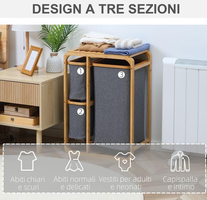 Produktbild Swisshandel24 Wäschekorb Wäschebox mit Plattform Wäschesammler mit 3 abnehmbaren Wäschesacke Wäschesortierer Bambu