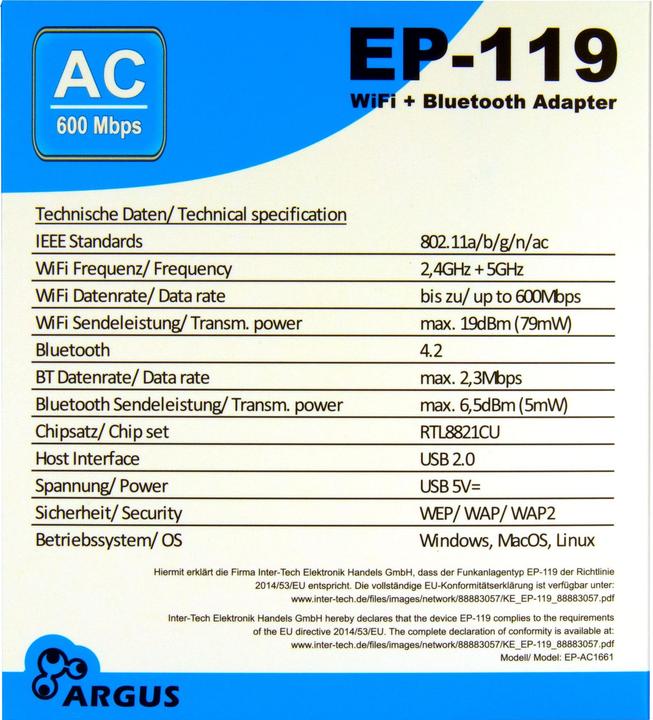 Valeurs nutritives et ingrédients Intertech Inter-Tech Adaptateur Wi-Fi 5 USB Argus EP-119, Bluetooth 4.2 (USB 2.0)