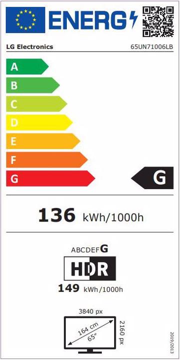 Energy Label LG LED TV 65UN71006LB (65", UN71, LCD, 4K, 2020)