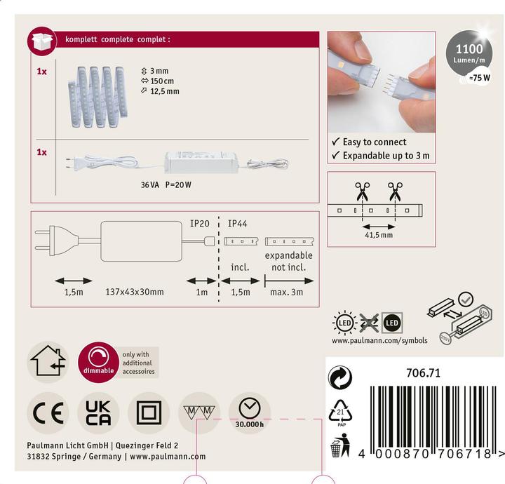 Immagine prodotto Paulmann Set di strisce MaxLED 1000 (Bianco freddo, 150 cm, Interno)