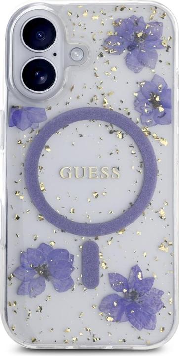 Produktbild Guess Case Resin Flowers Glitter MagSafe for iPhone 16 purple (Apple iPhone 16)