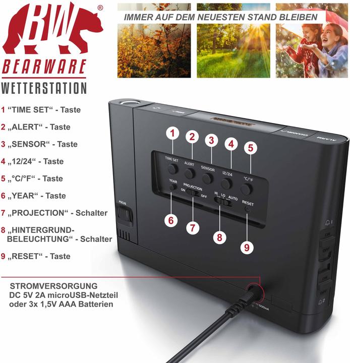 Image du produit Bearware Station météo avec capteur extérieur, station météo sans fil avec projection (pivotant à 180°) &