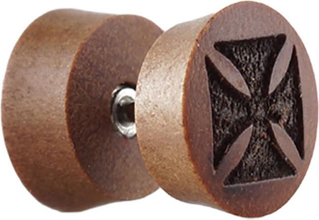 Star Piercing Fake Plug aus Sawo Holz mit Kreuz (ohne Messing, Organisch)