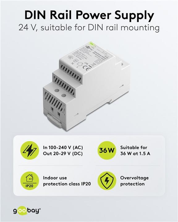 Produktbild Goobay Hutschienen-Netzteil DIN-Rail 24 V DC, 1,5 A, 36 W