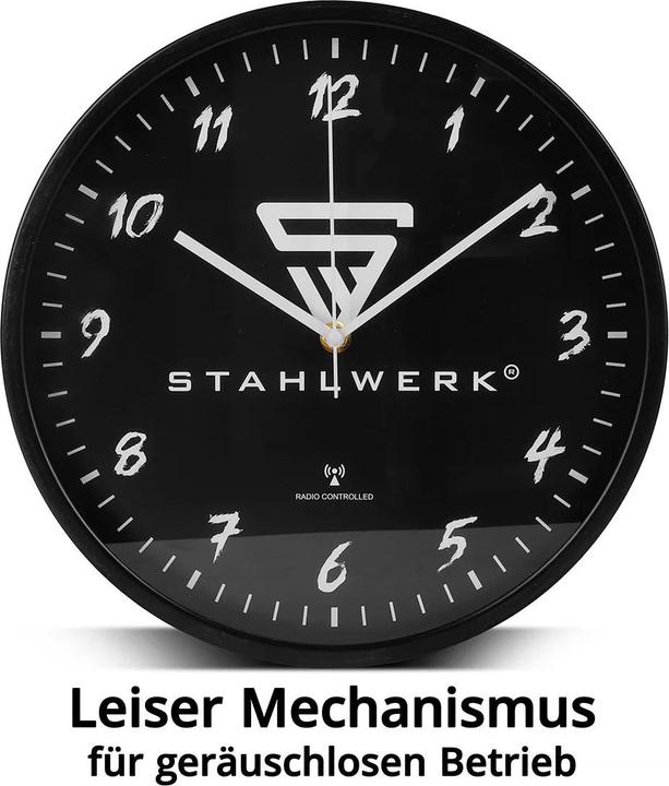 Produktbild Stahlwerk Wanduhr 30 cm schwarze Werkstattuhr mit Aluminium-Gehäuse RCC-Uhrwerk (30 cm)