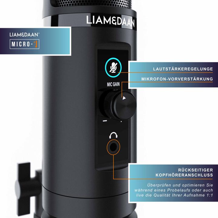Produktbild Liam & Daan Streaming Mikrofon, Podcast Mikro, Monitorfunktion & Dreibeinstativ 192 kHz - 20 Hz bis 20 kHz