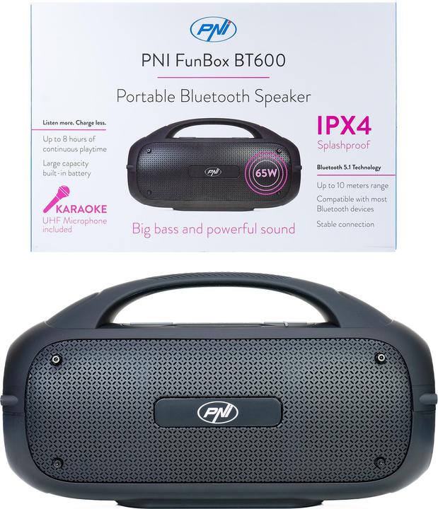 Produktbild PNI Tragbarer Lautsprecher FunBox BT600, mit Bluetooth, 65 W, MP3-Player, Kartenleser, USB, kabellos (4 h, Akkubetrieb)