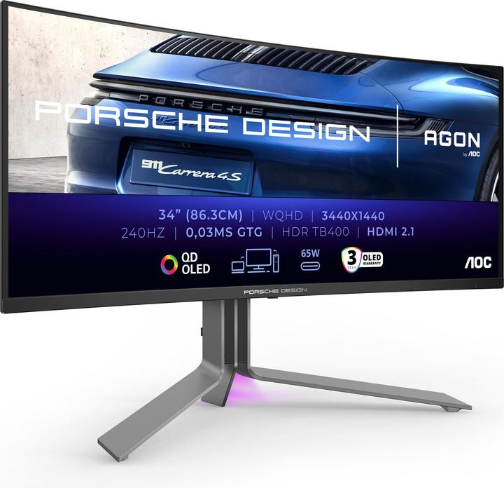 Actual product image AOC PD3434" Curved OLED Monitor,,, Speakers, height-adjustable, 2x HDMI, DisplayPort, USB Hub, RJ45 (3440 x 1440 pixels, 34")