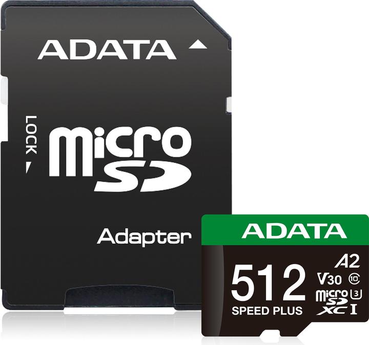 Immagine prodotto Adata microSD 512GB Speed Plus UHS-I U3 + Adapter (512 GB, microSDXC, U3, UHS-I)