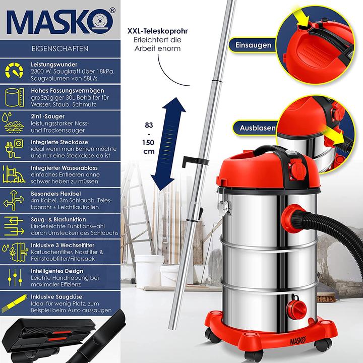 Image du produit Masko Aspirateur industriel sans sac rouge (Aspirateur eau et poussière)