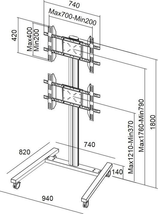 Actual product image Multibrackets TV stand dual vertical, - 55", metal, silver (55", 60 kg)