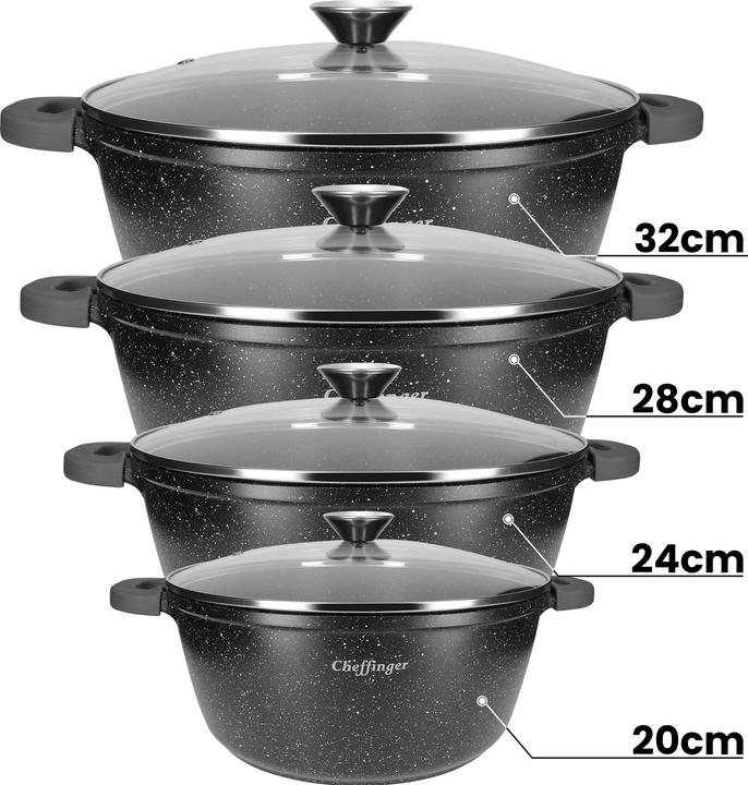 Produktbild JTI Töpfe mit Deckel - schwarz - 8-teilig (32 cm, Pfannenset + Topfset, Aluminium, Edelstahl)