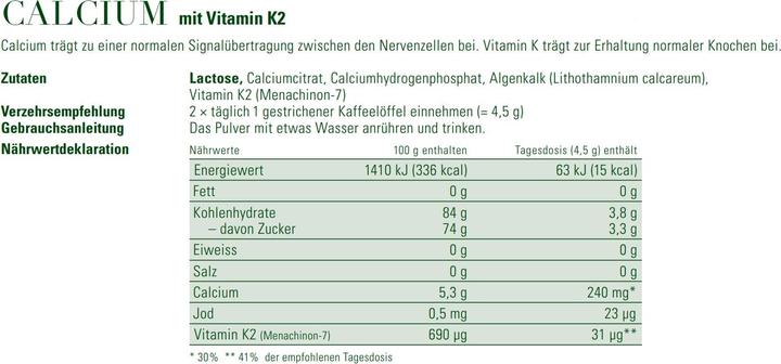 Valeurs nutritives et ingrédients Phytomed Complexe Infit Calcium + Vitamine K2 Complex (1 pièce(s), Cachets, 150 g)