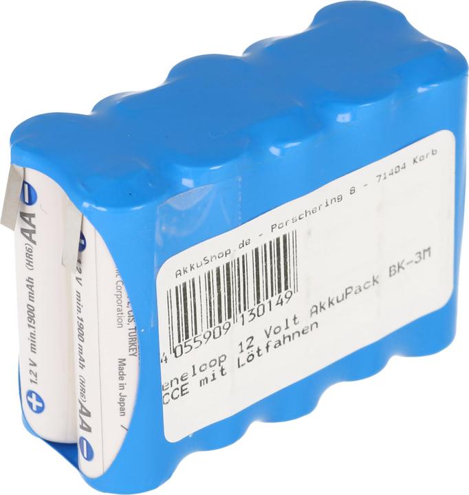 Actual product image Sanyo Eneloop 12 Volt battery BK-3MCCE with solder tags (1 pcs., 2000 mAh, Battery + charger)