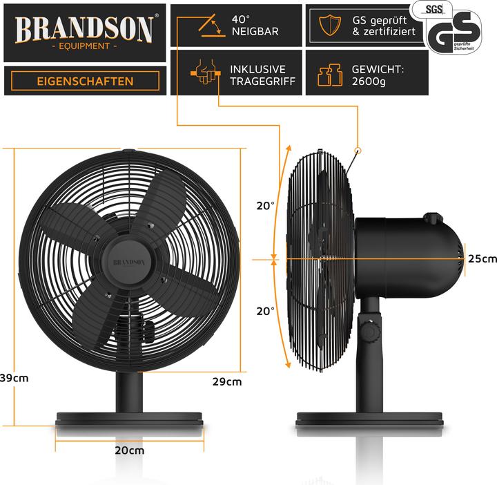 Actual product image Brandson Table fan, retro design, oscillation, tilt angle approx. 40°, metal housing, 30W, black (50 dB)