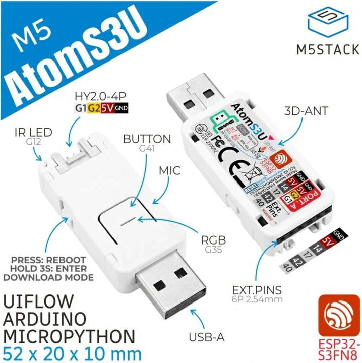Produktbild M5Stack AtomS3U ESP32S3 Development Kit mit USB-A