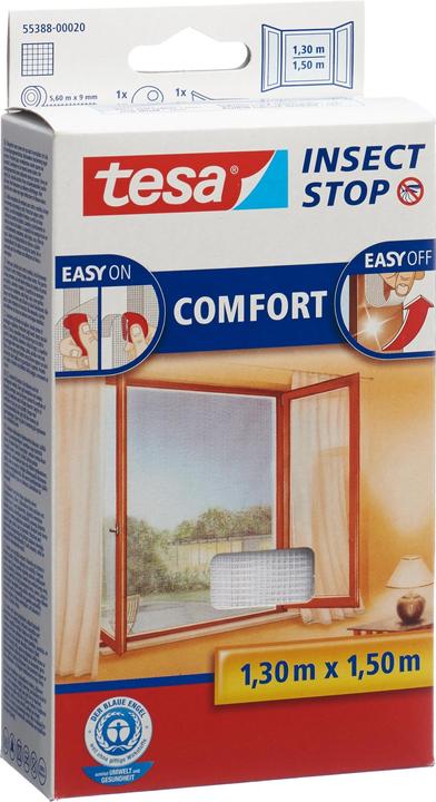 Produktbild tesa Insektenschutz COMFORT für Fenster, mit Klettband, selbstklebend, ohne Bohren (130 x 150 cm)