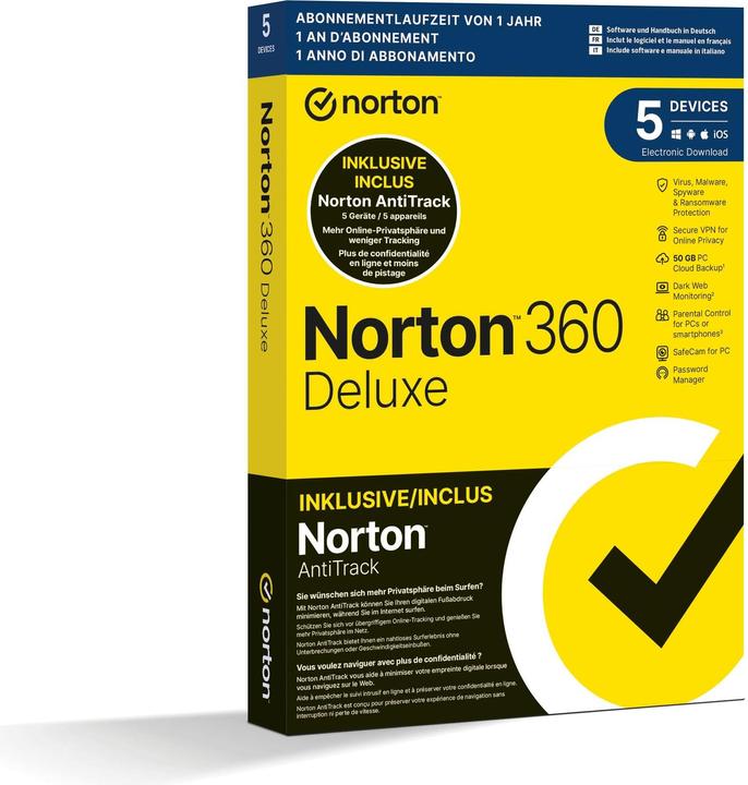 Norton 360 Deluxe + AntiTrack Bundle Box, 5 Dev., 1yr, 50GB Cloud (5 User, 12 Monate)