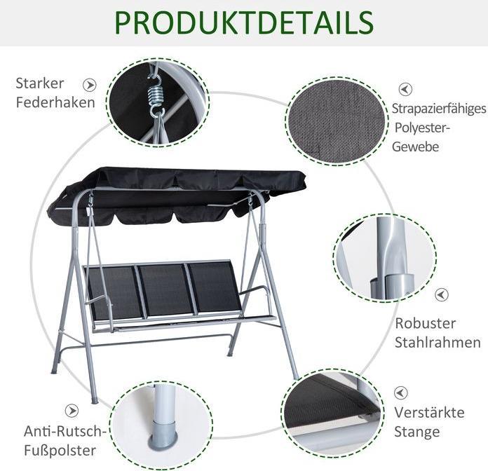 Image du produit Swisshandel24 Hollywoodschaukel 3-Sitzer Gartenschaukel Schaukelbank mit Dach Metall Schwarz+Silber 171 x 108 x 15