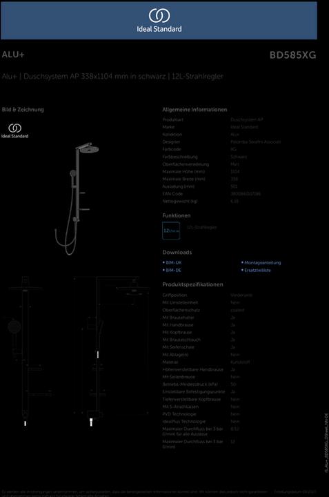 Produktbild Ideal Standard Duschsystem Alu+ ohne Armatur, 2 Ablagen, 2F-Handbrause, 2F-Kopfbrause