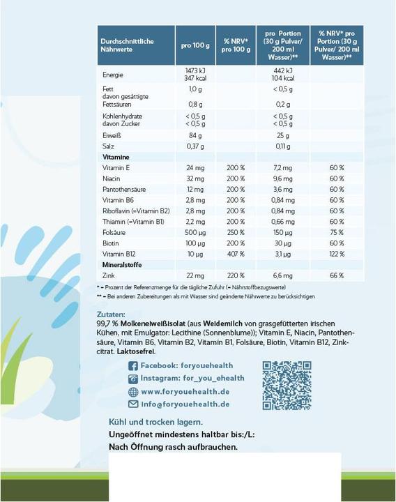Produktbild For You whey protein isolate neutral – aus irischer Weidehaltung, laktosefrei (Neutral)