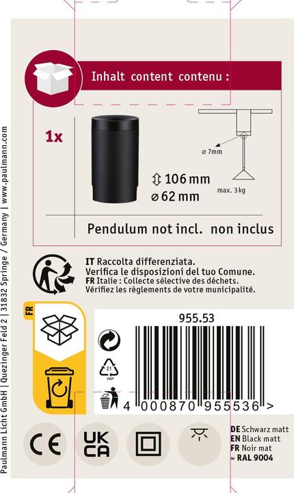 Image du produit Paulmann Luminaires Adaptateur pendulaire universel