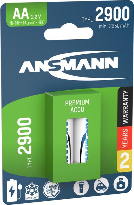 Produktbild Ansmann NiMH Akku Mignon AA Typ 2900 (min. 2650 mAh) (2 Stk., AA, 2900 mAh)
