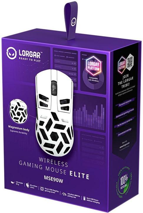 Produktbild Lorgar Computer mouse MSE90W, Magnesium Alloy Wireless Gaming Mouse Elite, White