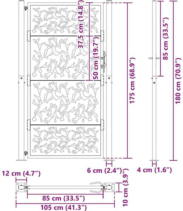 Produktbild VidaXL Gartentor Schwarz 105x180 cm Stahl Blatt-Design Zauntor Outdoor Tor