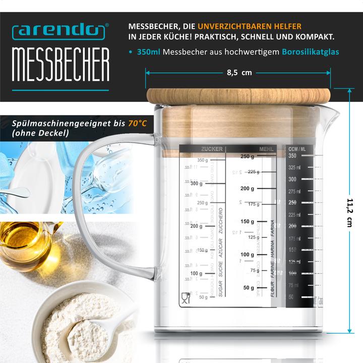 Produktbild Arendo Messbecher 350 ML aus Glas, 0,35 L, luftdicht, Bambusdeckel, Silikondichtung für Mehl, Zucker uvm. (350 ml)