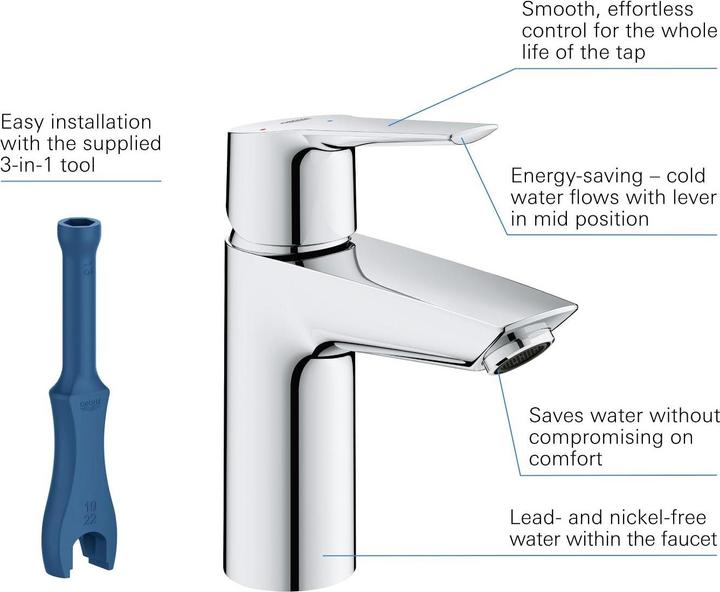 Actual product image Grohe Start QuickFix washbasin tap, cold centre position, push-open drain, S-size, chrome