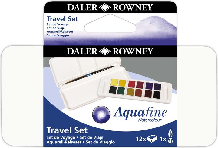 Actual product image Daler-Rowney Aquafine Watercolour Travel Set (Licher ochre, Ultramarine blue, Hooker's Green Dark, Chinese white, Cobalt blue, alizarin crimson, Lemon, Cadmium red, Siena Nature, Payne's grey, Rubber goods, Siena burnt)