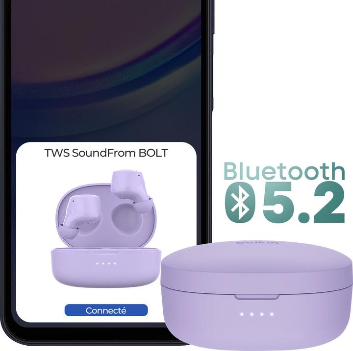 Produktbild Belkin wireless soundform bolt tws hellviolett (keine Geräuschunterdrückung, 38 h, Kabellos)