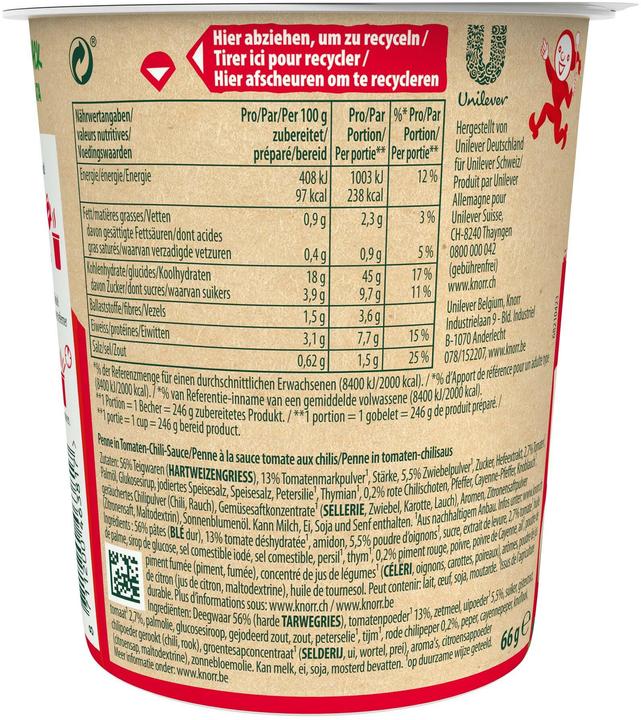 Valeurs nutritives et ingrédients Knorr Pasta Snack Arrabbiata Gobelet, Plat cuisiné instantané avec sauce piquante, prêt en 5 minutes (80 g)