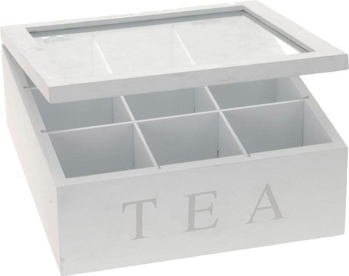 Produktbild Mojawo Teebox Holz Weiss Deckel 9-Fächer mit Aufschrift TEA