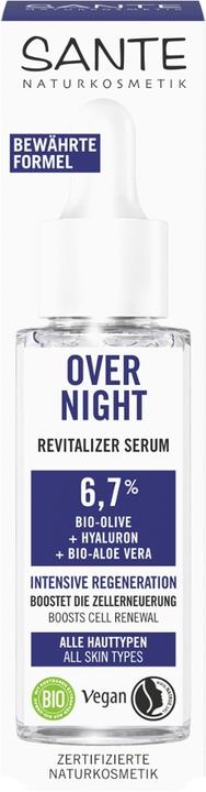 Actual product image Sante Natural cosmetics day & night care Overnight Revitaliser Serum with organic olive, hyaluronic acid (30 ml)