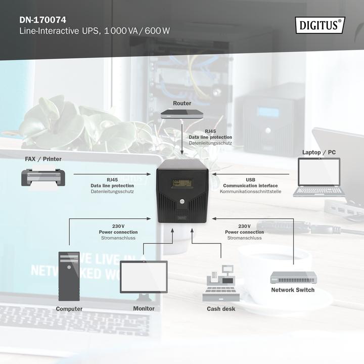 Produktbild Digitus Line Interactive USV 1000VA/600W schwarz mit LCD 4xSchuko RJ11/RJ45 1xRS232 1xUSB AVR H160xB350xT... (1000 VA, 600 W, Line-Interaktiv USV)
