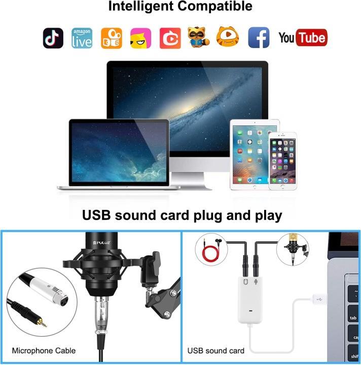 Image du produit Puluz Kit Microphone Studio Broadcast avec bras ciseaux, support métal et carte son USB (Or)